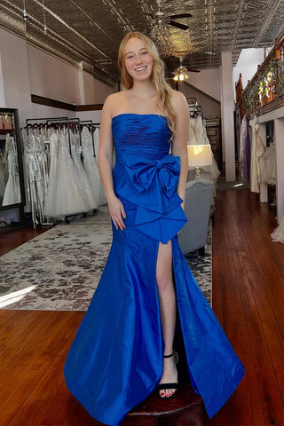 Cute Mermaid Strapless Royal Blue Satin Long Prom Dress with Bow AB25010405