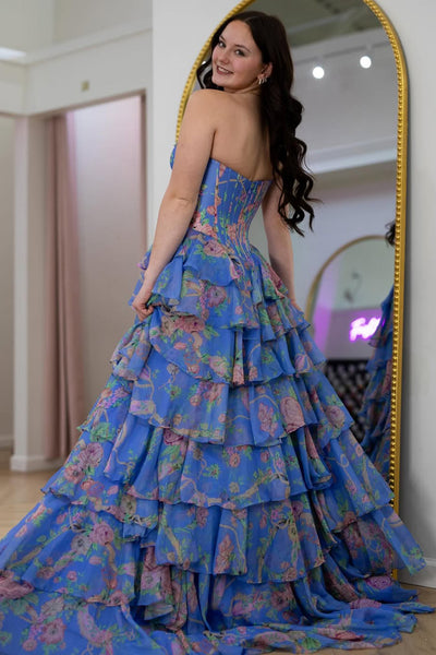 Cute A Line Strapless Blue Floral Satin Prom Dress with Beading AB26032208