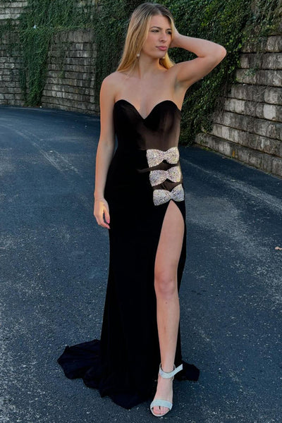 Cute Mermaid Sweetheart Black Elastic Satin Prom Dresses with Beading Bow AB24112813