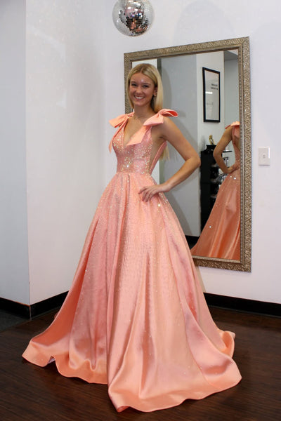 Glitter A Line V Neck Orange Satin Prom Dress with Hot Fix AB26012508