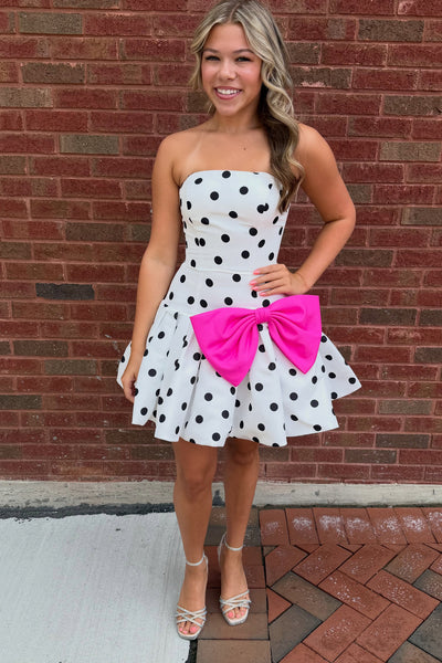Cute A Line White Black Dot Short Homecoming Dress with Bow AB26081606