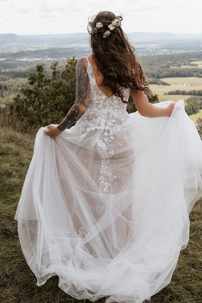 Fairy A Line V Neck Tulle Long Wedding Dresses with Appliques AB24100408