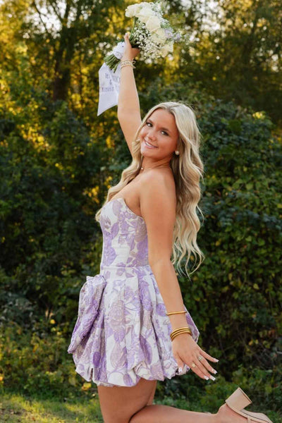 Cute A Line Scoop Neck Lavender Jacquard Satin Homecoming Dress AB26102916