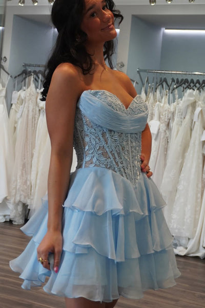 A-Line Sweetheart Blue Ruffle Tiered Chiffon Short Homecoming Dress with Appliques AB25092308