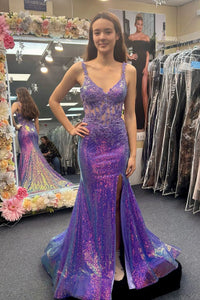 Mermaid V Neck Purple Sequins Long Prom Dress with Appliques AB4020504