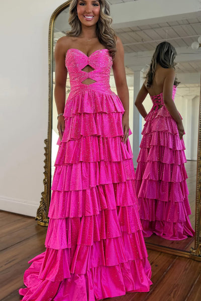 Stunning A Line Sweetheart Fuchsia Hot Fix Tiered Prom Dress with Slit AB26012403