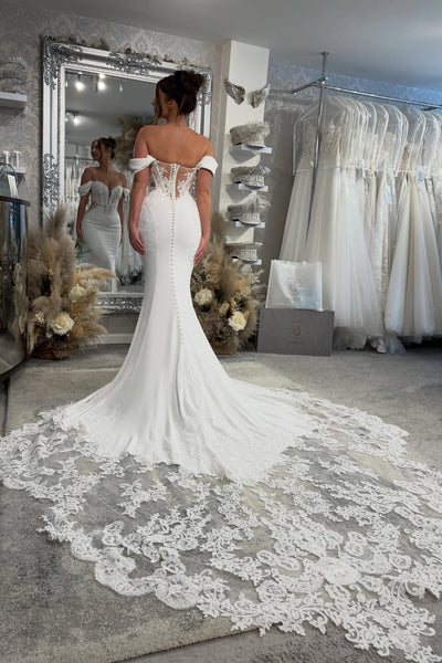 Elegant Mermaid Off the Shoulder Elastic Satin Wedding Dress with Lace AB26052403