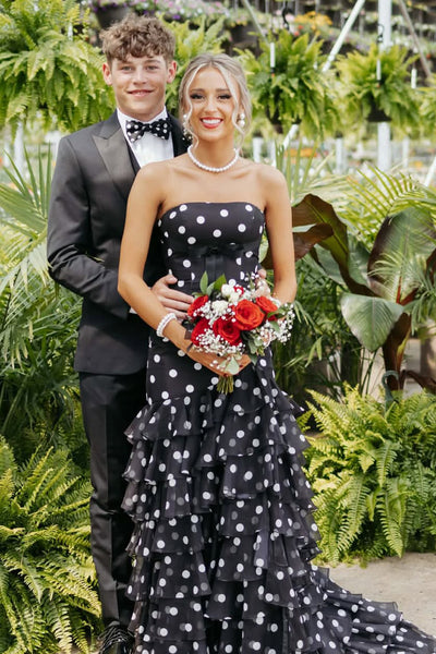 Mermaid Strapless Black White Dot Chiffon Prom Dress with Slit AB26042105