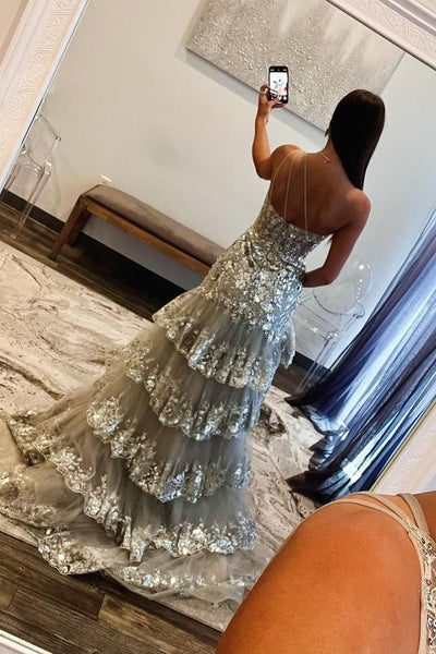Mermaid One Shoulder Grey Sequins Lace Long Prom Dress with Slit AB4050403
