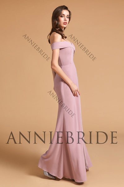 Elegant Sheath Off the Shoulder Blush Pink Elastic Satin Long Bridesmaid Dresses with Slit ABBD061807