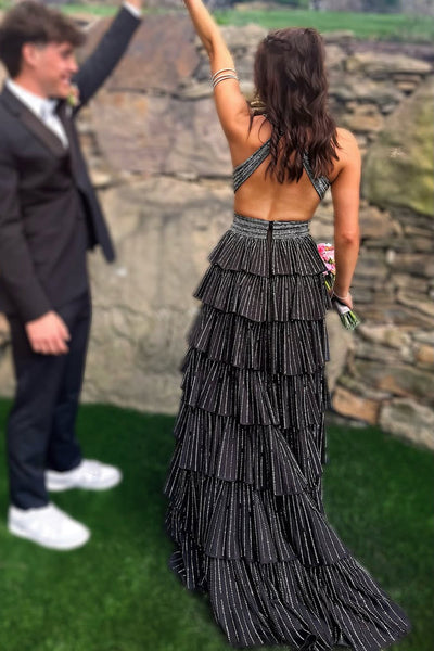 Cute A Line V Neck Black Satin Tiered Long Prom Dress with Hot Stone AB25052703