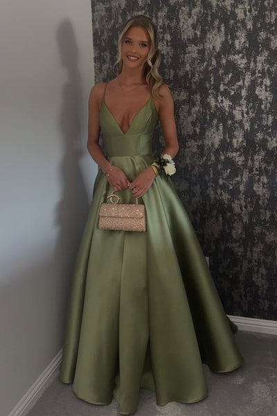 A Line V Neck Staps Green Satin Prom Dress with Pockets AB26062204