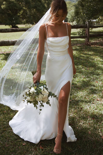 Fashion Mermaid Cowl Neck Silk Satin Long Wedding Dresses with Slit AB093002