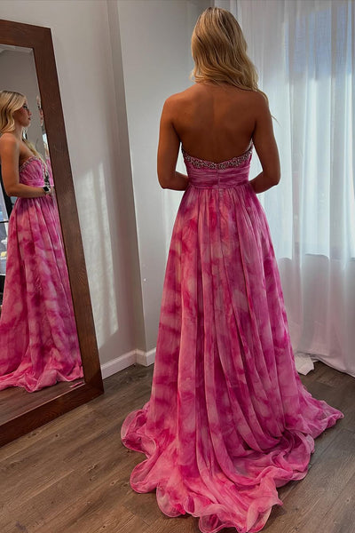 A-Line Sweetheart Pink Floral Printed Long Prom Dresses with Slit AB25032902
