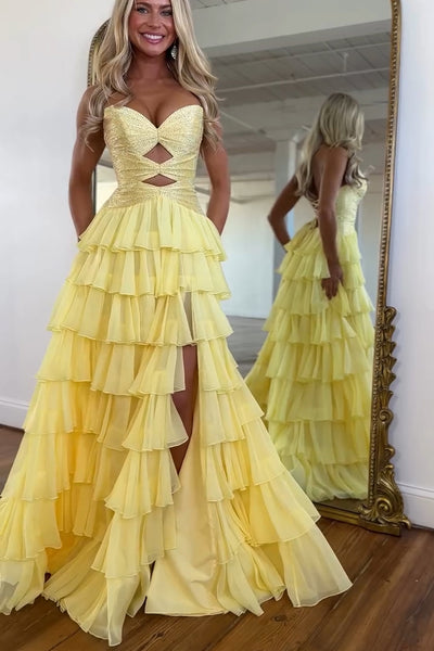 Gorgeous A Line Sweetheart Keyhole Chiffon Tiered Prom Dress with Hot Fix AB26010405