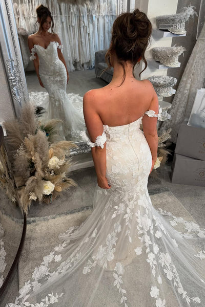 Fashion Elegant Mermaid Off the Shoulder Lace Wedding Dresses with Train AB25050202