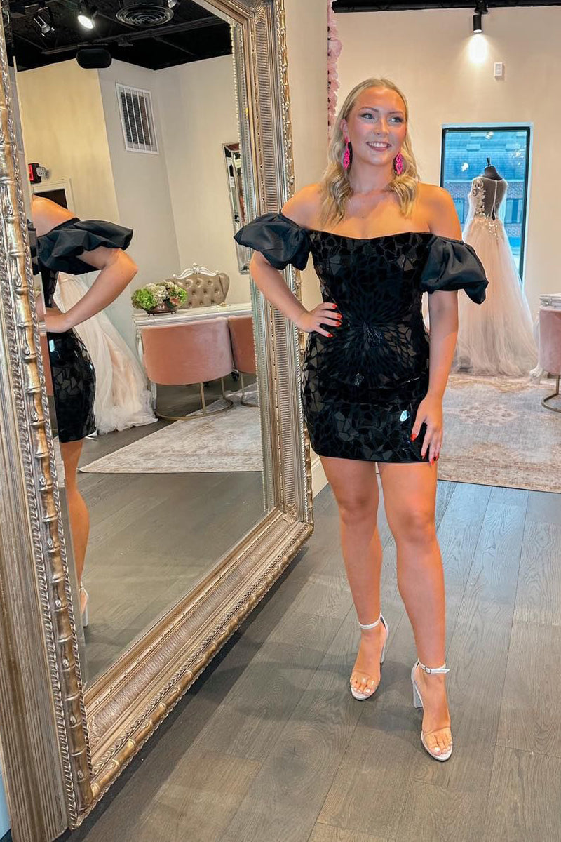Cute Bodycon Strapless Black Satin Short Homecoming Dresses with Beaded AB082403