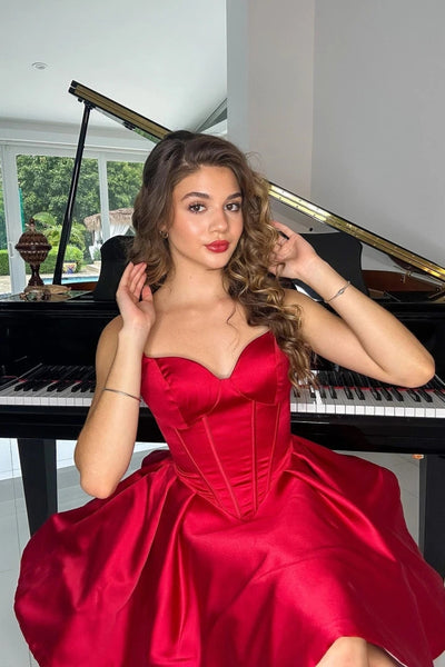 Cute Bodycon Sweetheart Red Satin Short Homecoming Dresses AB082206