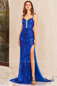 Charming Mermaid V Neck Royal Blue Sequins Long Prom Dress with Slit AB4010701