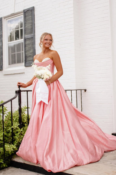 Stunning A Line Sweetheart Coral Satin Prom Dress with Beading AB26051712