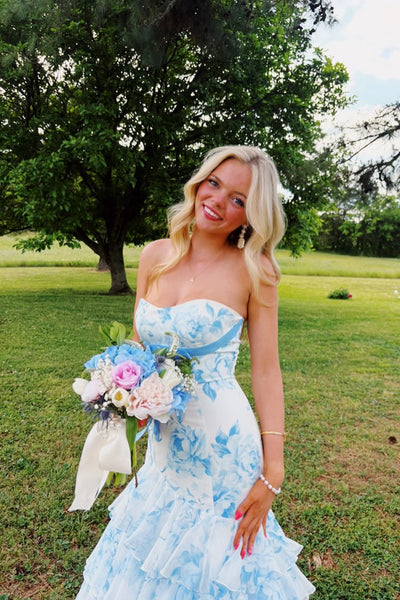 Cute Mermaid Strapless White Blue Floral Chiffon Prom Dress with Slit AB26050709