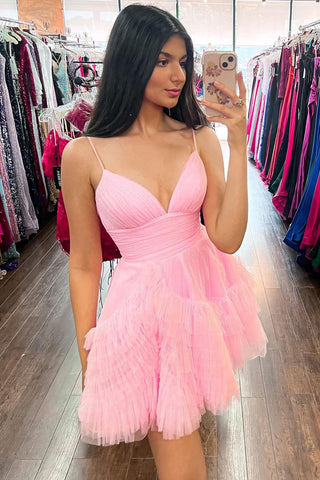 Cute A Line V Neck Pink Tulle Short Homecoming Dresses AB082603