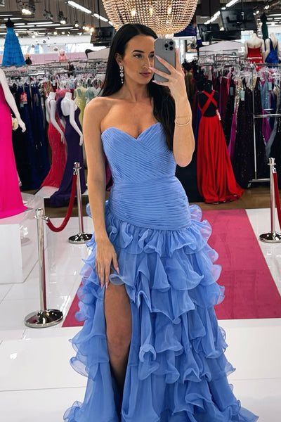 Sheath Sweetheart Blue Chiffon Tiered Prom Dress with Slit AB25092704