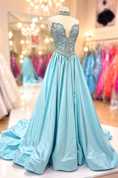 Gorgeous Ball Gown V Neck Light Blue Satin Prom Dress with Beading AB26102706