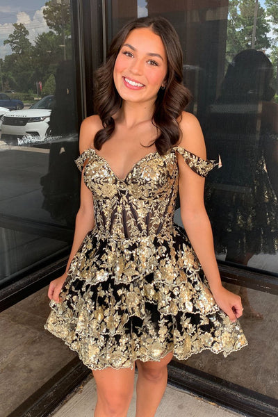 Cute A-Line Off the Shoulder Gold Lace Black Short Homecoming Dresses AB24081206