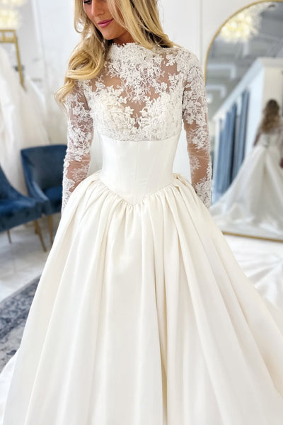 Elegant Ball Gown High Neck Satin Wedding Dress with Long Sleeves AB25112707
