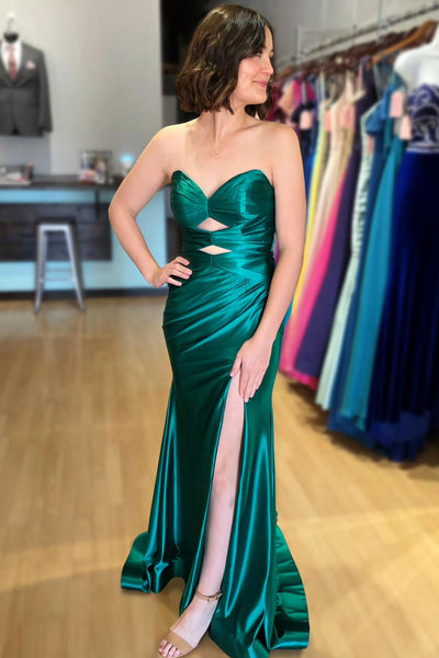 Charming Mermaid Sweetheart Keyhole Green Satin Long Prom Dress with Slit AB25120304