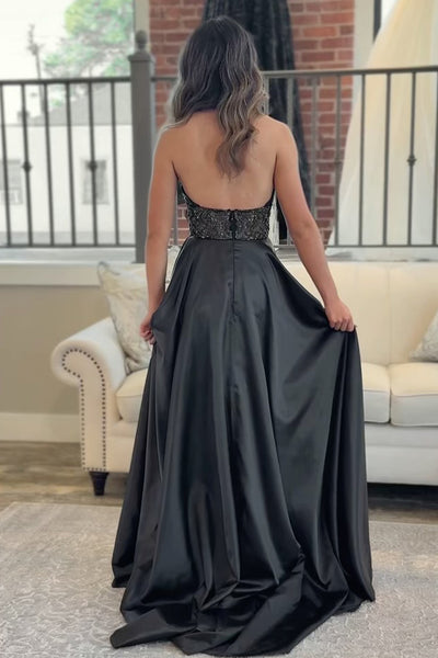 Gorgeous A Line V Neck Black Satin Prom Dress with Beading AB25120606