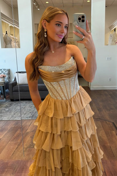 A Line Scoop Neck Gold Chiffon Beaded Corset Long Prom Dress With Slit
