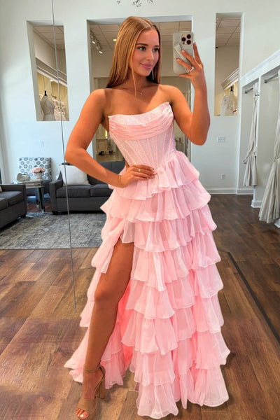 A Line Scoop Neck Gold Chiffon Beaded Corset Long Prom Dress With Slit
