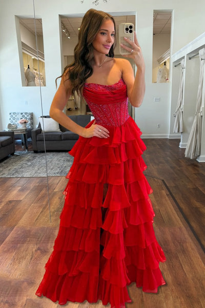 A Line Strapless Chiffon Beaded Corset Tiered Prom Dress With Slit