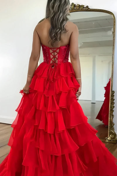 A Line Strapless Chiffon Beaded Corset Tiered Prom Dress With Slit