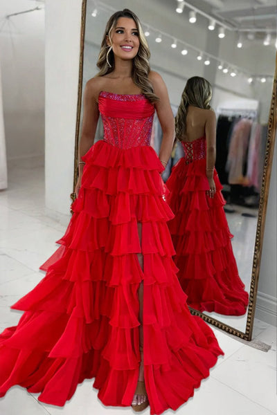 A Line Strapless Chiffon Beaded Corset Tiered Prom Dress With Slit