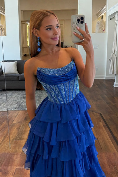 A Line Strapless Royal Blue Chiffon Beaded Corset Long Prom Dress With Slit