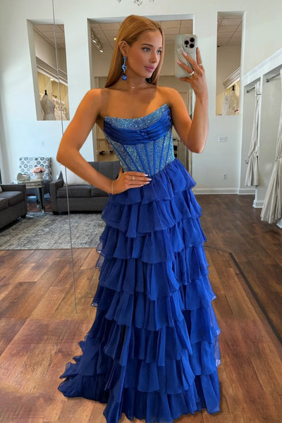 A Line Strapless Royal Blue Chiffon Beaded Corset Long Prom Dress With Slit