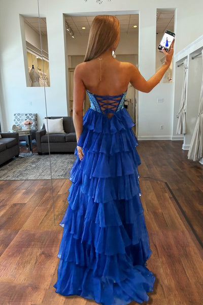 A Line Strapless Royal Blue Chiffon Beaded Corset Long Prom Dress With Slit