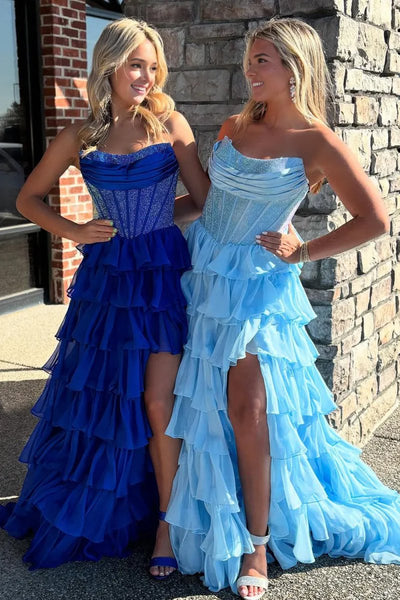 A Line Strapless Royal Blue Chiffon Beaded Corset Long Prom Dress With Slit