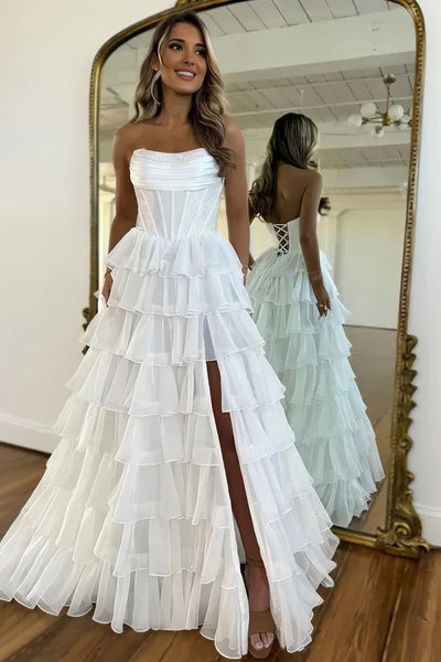 A Line Scoop Neck Gold Chiffon Beaded Corset Long Prom Dress With Slit