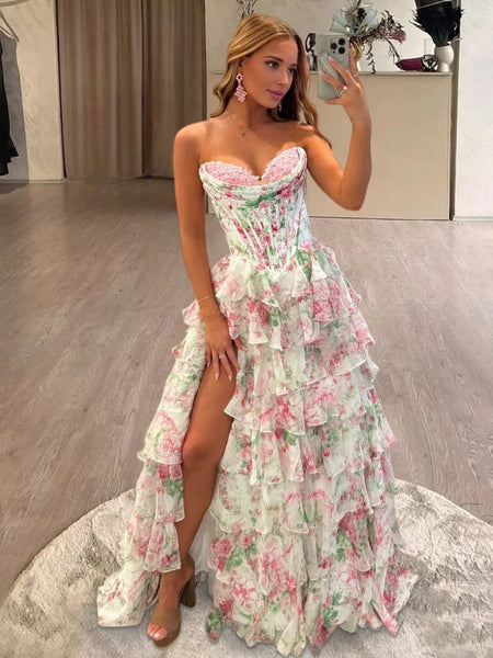 A Line Sweetheart Pink Floral Chiffon Prom Dress with Appliques AB25112406