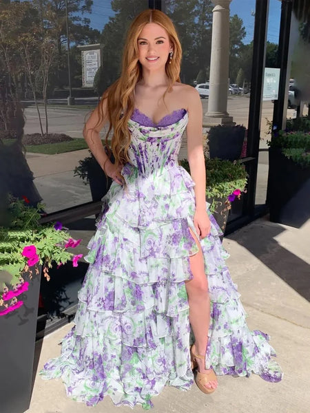 A Line Sweetheart Pink Floral Chiffon Prom Dress with Appliques AB25112406