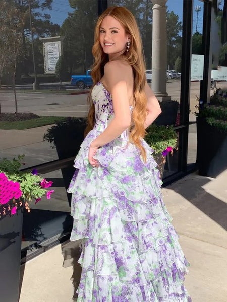 A Line Sweetheart Pink Floral Chiffon Prom Dress with Appliques AB25112406