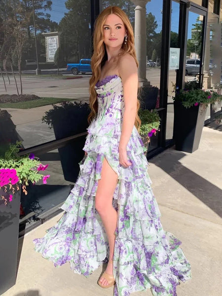 A Line Sweetheart Pink Floral Chiffon Prom Dress with Appliques AB25112406
