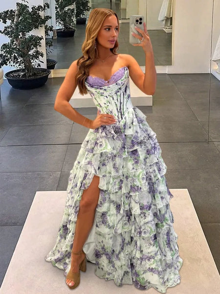 A Line Sweetheart Pink Floral Chiffon Prom Dress with Appliques AB25112406
