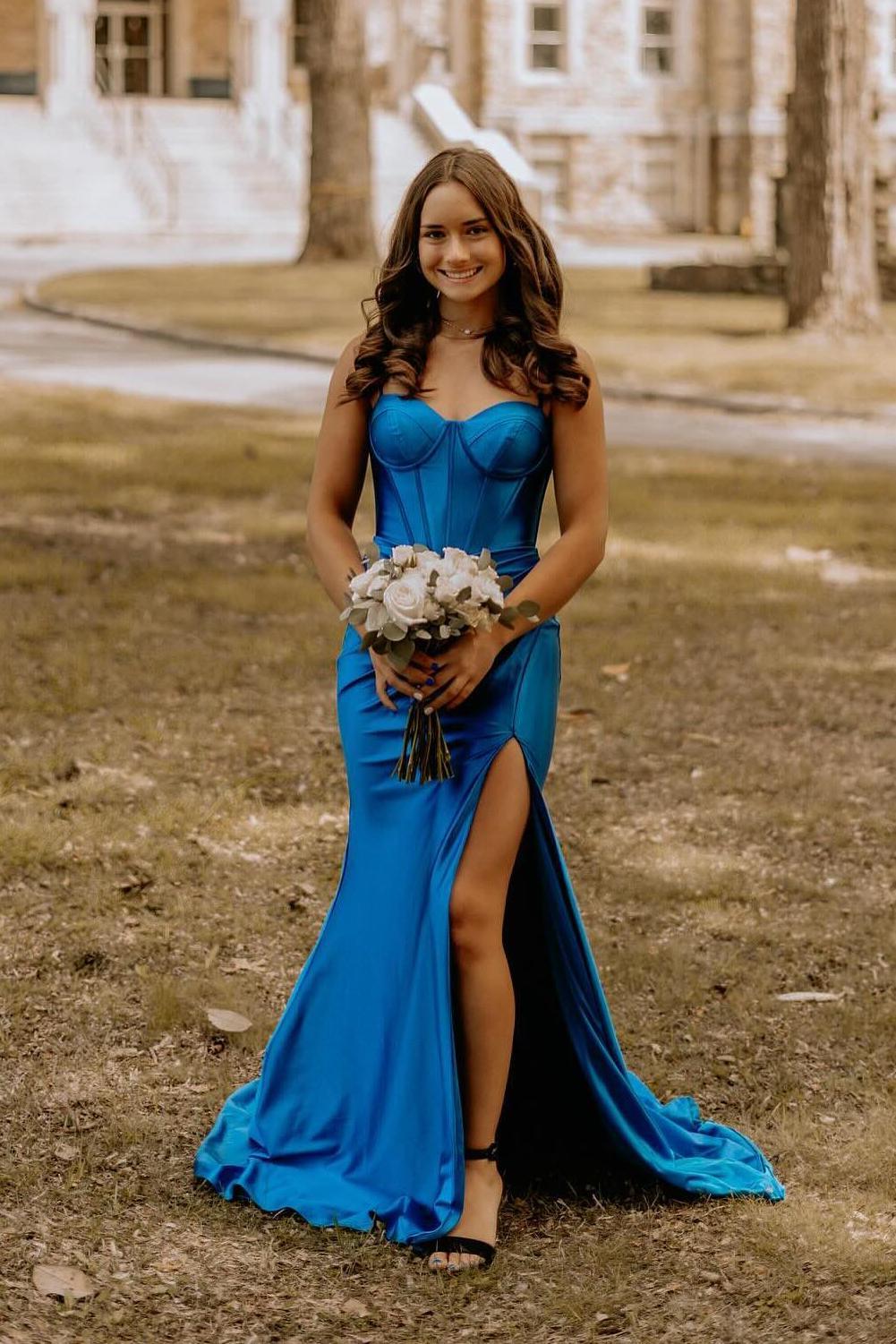 royal blue satin mermaid prom dress Royal Blue Satin Backless Long Mermaid Prom Dress PG769 US10 / Custom Color
