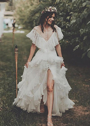 High Split A-Line See-through Ruffle Tulle Wedding Brides Dress