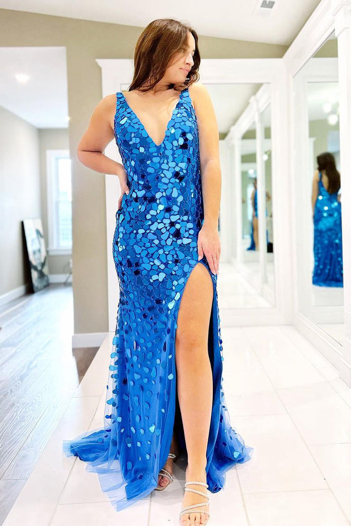 Cute Royal Blue Mermaid V Neck Mirror-Cut Long Prom Dress With Split Anniebride Cute Royal Blue Mermaid V Neck Mirror-Cut Long Prom Dress With Split Anniebride
